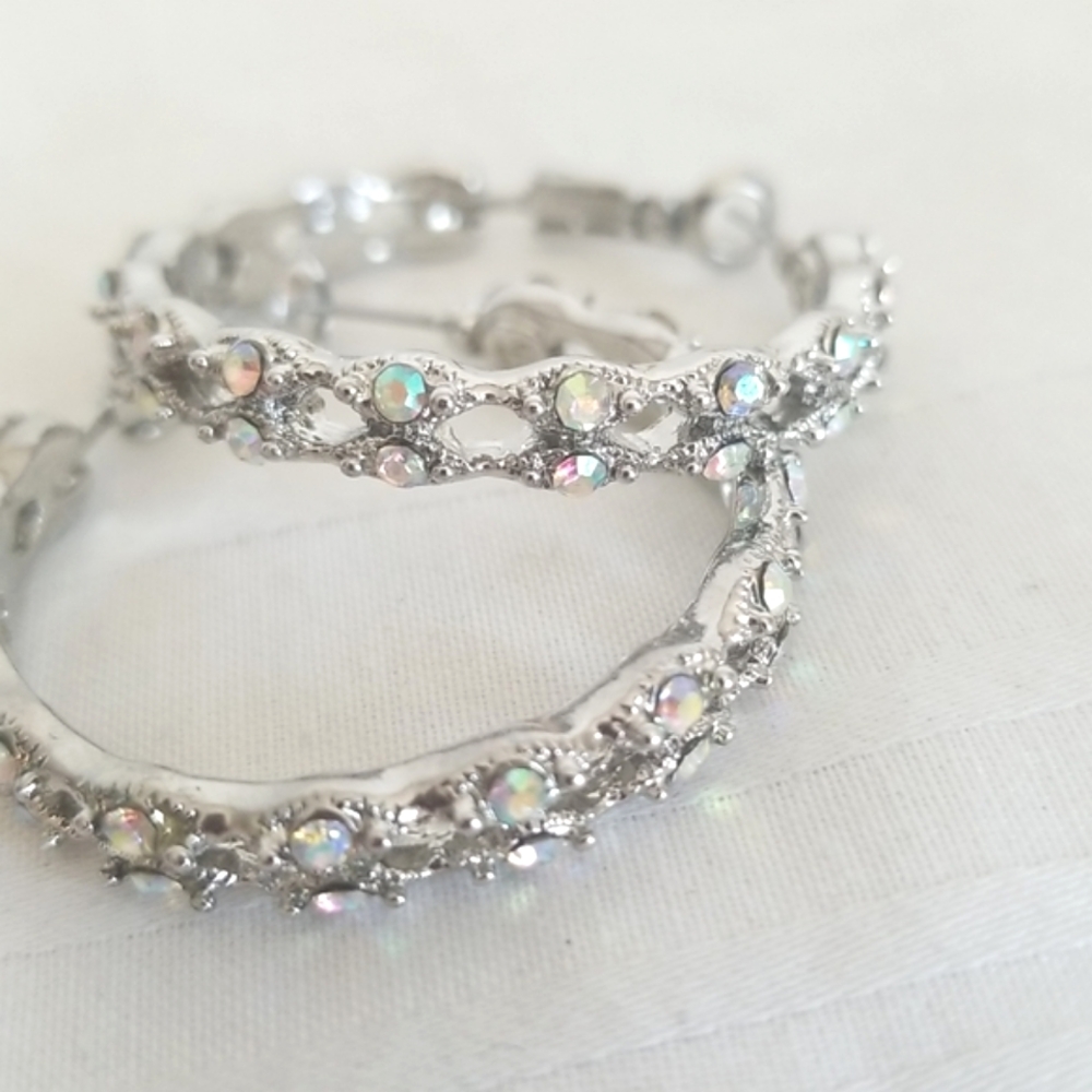 Silver Iridescent Rhinestone Hoop Earrings - Picture 3 of 4